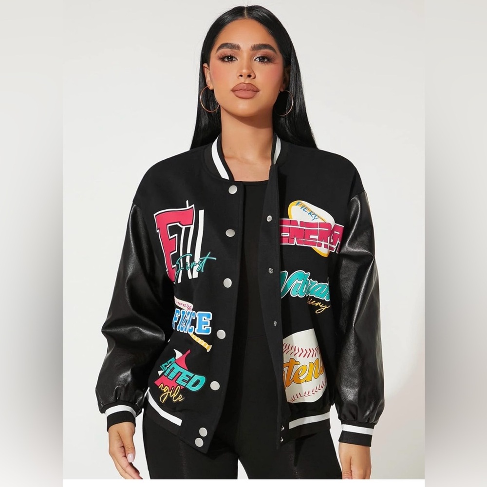 Shein Letter Graphic with faux 
Leather Sleeve Varsity Jacket